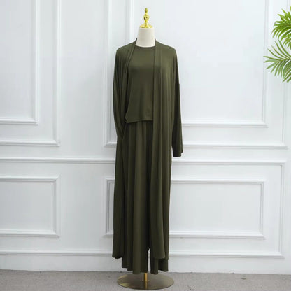 طقم ملابس نسائية مسلمة مكون من 3 قطع، بلوزة وبنطال من قماش المودال مع عباية مفتوحة #251076