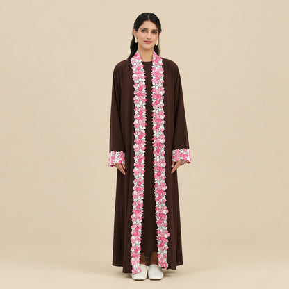Muslim Women Floral Embroidery Nida Open Abaya Dress #261383