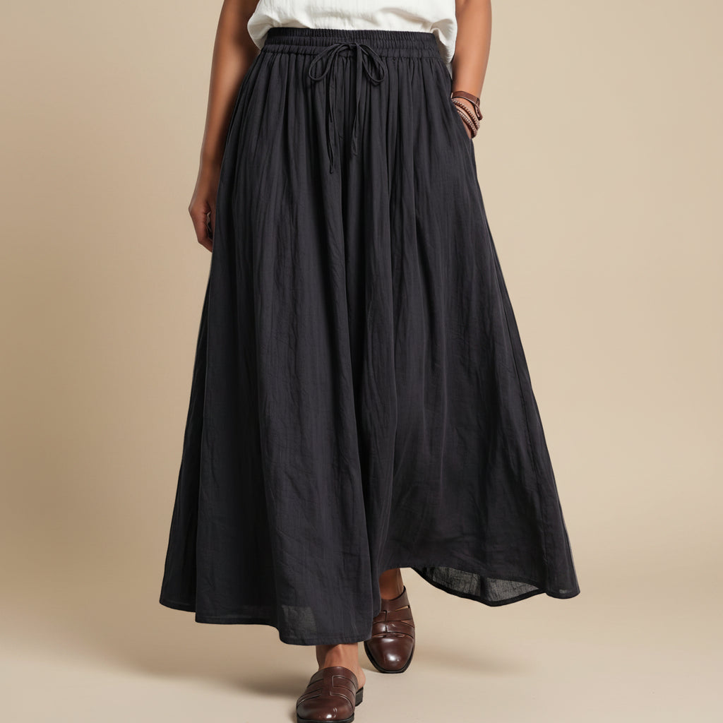 Elastic Waist Drawstring Plain Modest Maxi Skirt With Pocket #268750