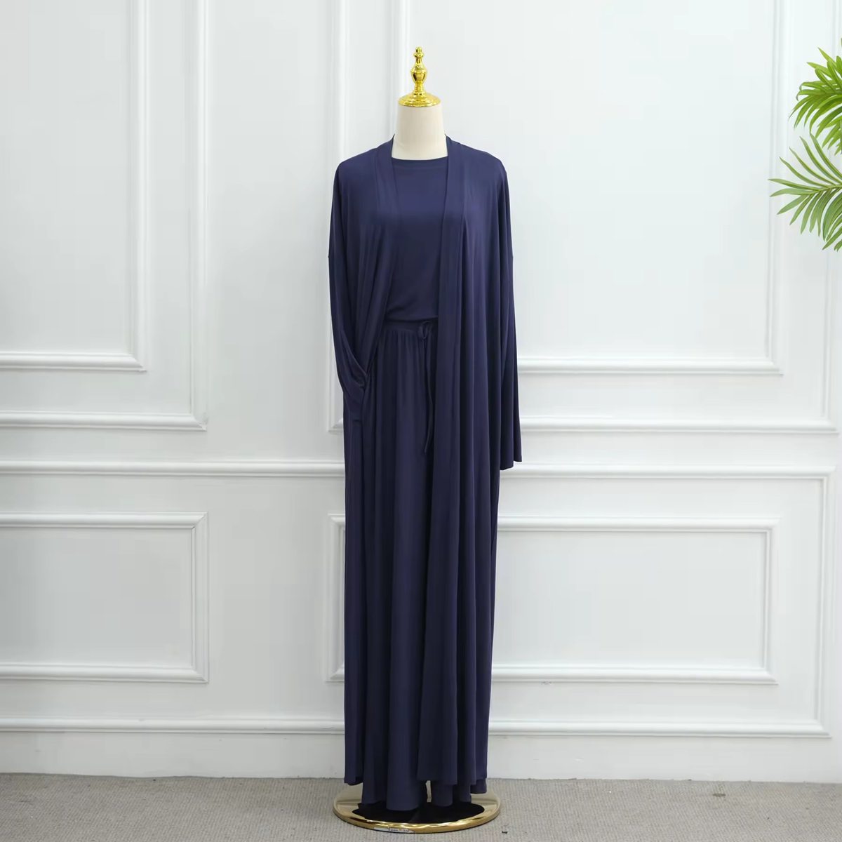 طقم ملابس نسائية مسلمة مكون من 3 قطع، بلوزة وبنطال من قماش المودال مع عباية مفتوحة #251076