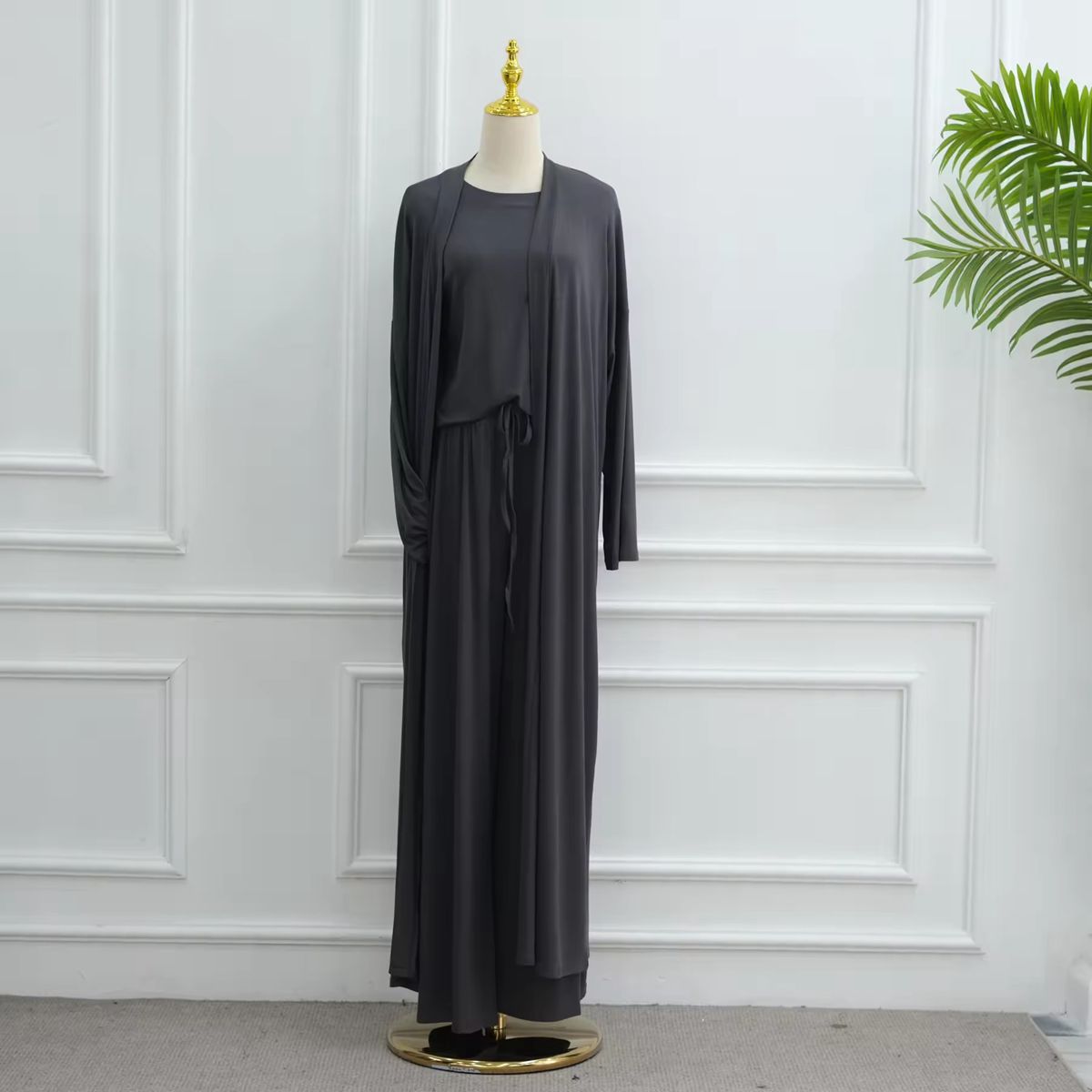 طقم ملابس نسائية مسلمة مكون من 3 قطع، بلوزة وبنطال من قماش المودال مع عباية مفتوحة #251076