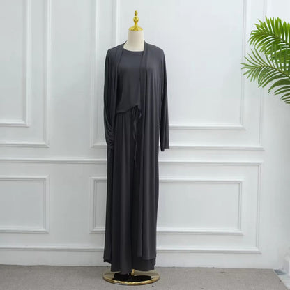 طقم ملابس نسائية مسلمة مكون من 3 قطع، بلوزة وبنطال من قماش المودال مع عباية مفتوحة #251076