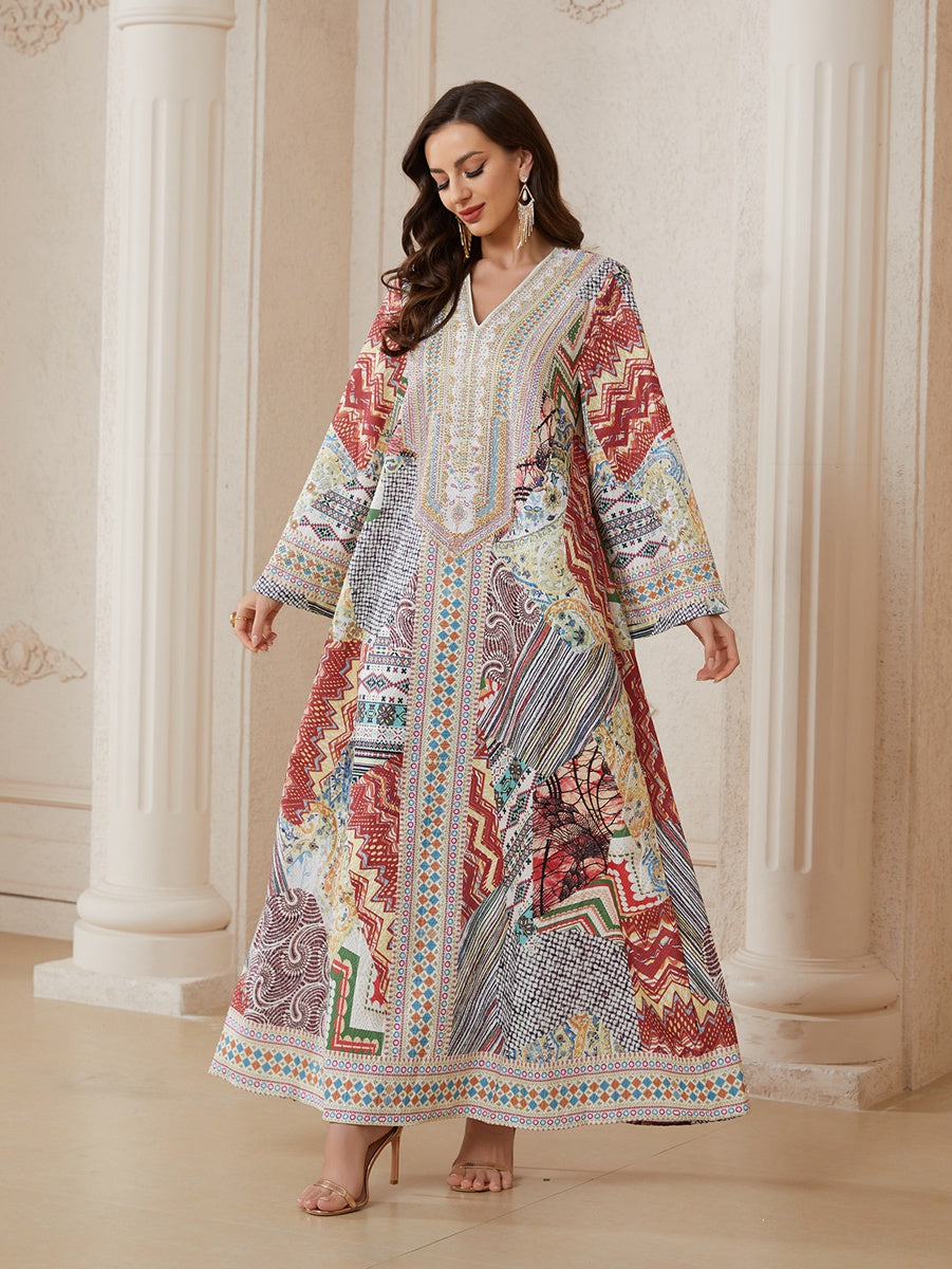 Hotfix Rhinestones Printed Jacquard Caftan Kaftan Dress For Women - Mukhawar Jalabiya Eid Dress -  #26N01