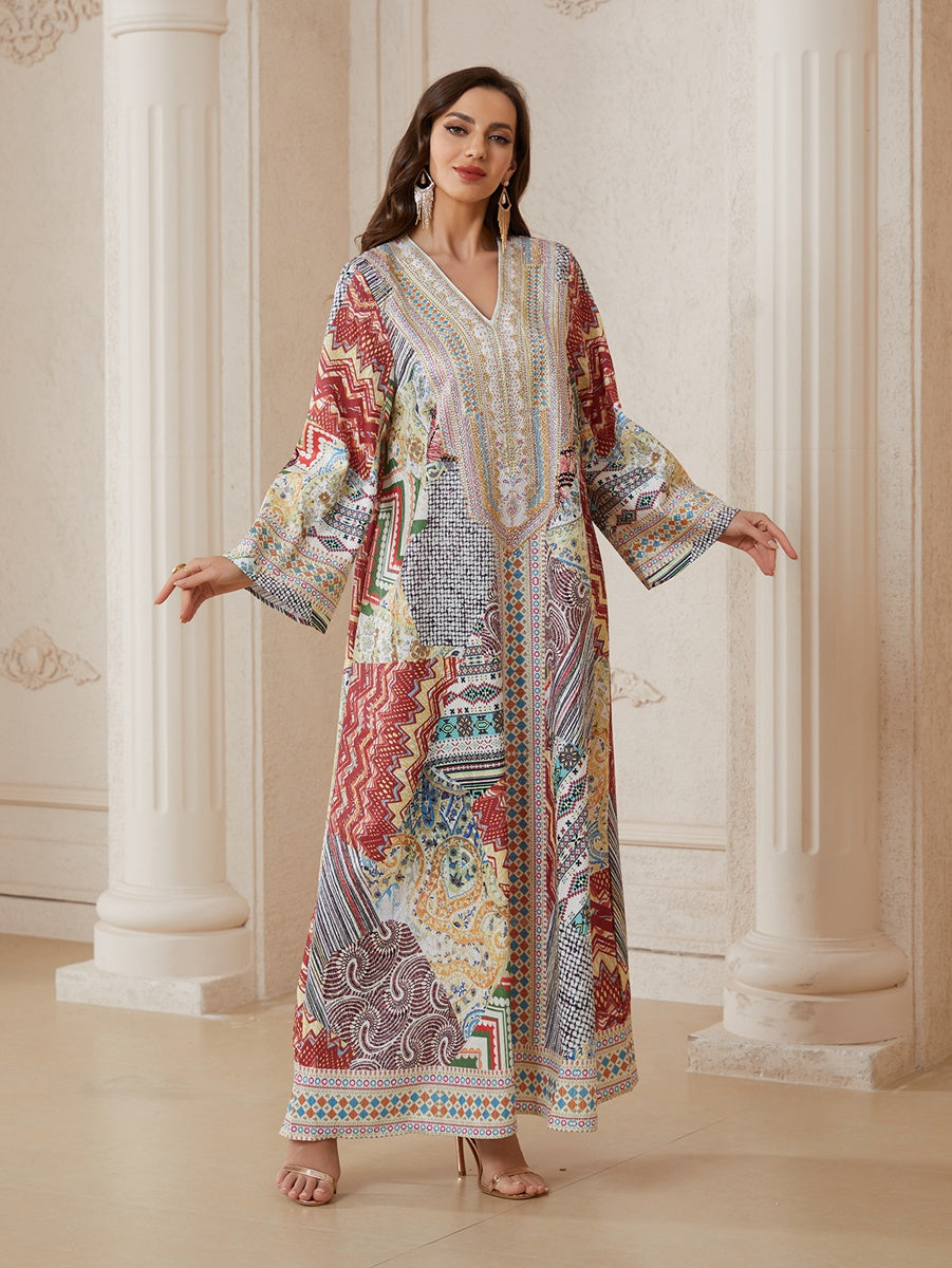 Hotfix Rhinestones Printed Jacquard Caftan Kaftan Dress For Women - Mukhawar Jalabiya Eid Dress -  #26N01