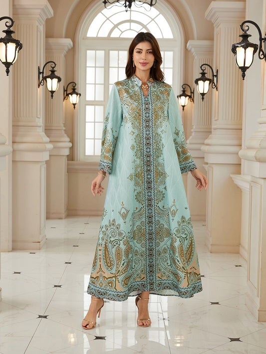 Hotfix Rhinestones Jacuqard Printed Caftan Kaftan Dress For Women - Mukhawar Jalabiya Eid Dress - Green - #26N09
