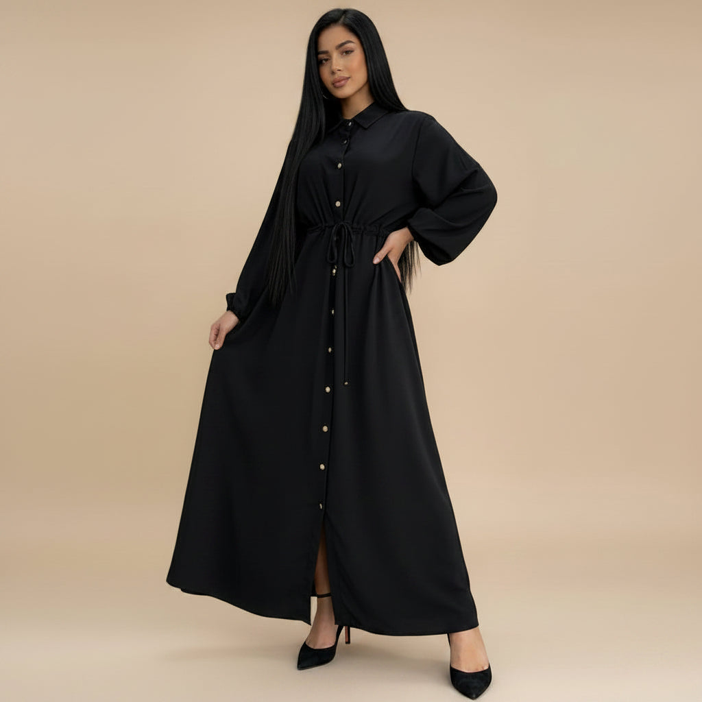 Muslim Women Button Up Abaya Dress With Stand Collar #266289