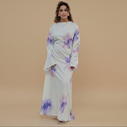 Muslim Women Printed Wrinkle Abaya Dress With Inner Belt #261358