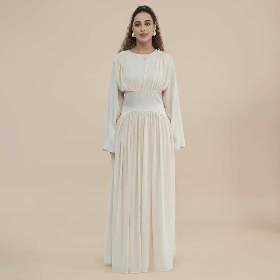 Muslim Women Double-layer Chiffon Waist Abaya Dress #261330