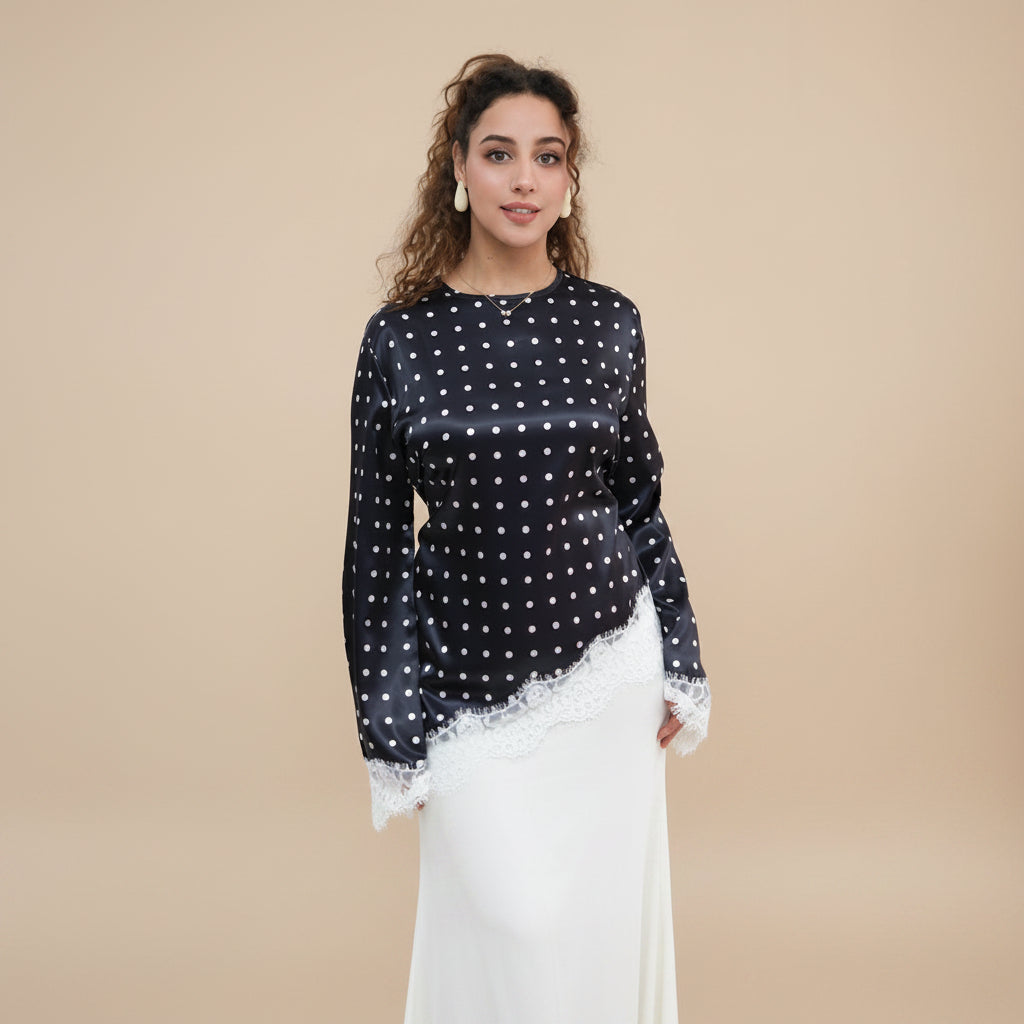 Muslim Women Polka Dot Printed Lace Tops And Pant #261357
