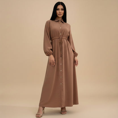 Muslim Women Button Up Abaya Dress With Stand Collar #266289