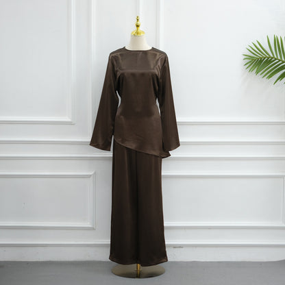 Muslim Women Daily Wear Satin 2 Pieces Tops And Pants Suit Set #261342