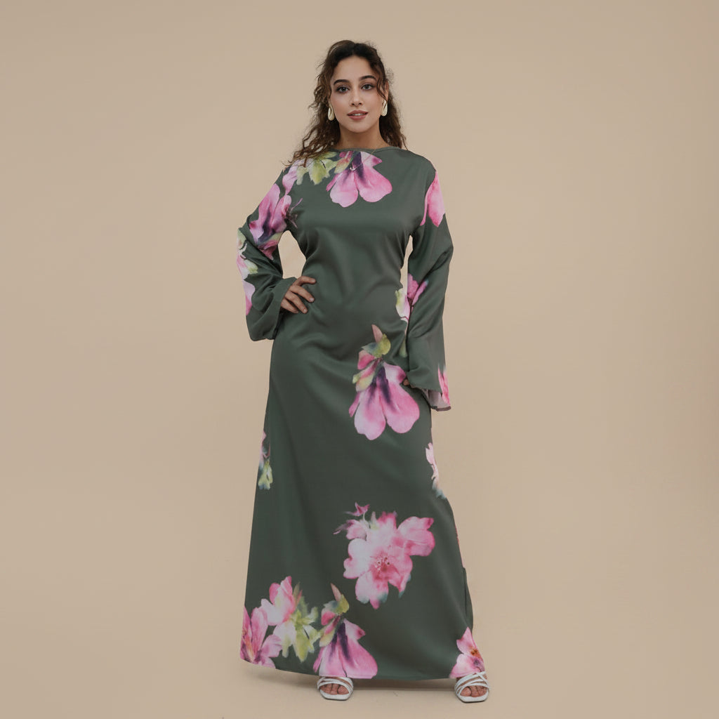 Muslim Women Printed Wrinkle Abaya Dress With Inner Belt #261358