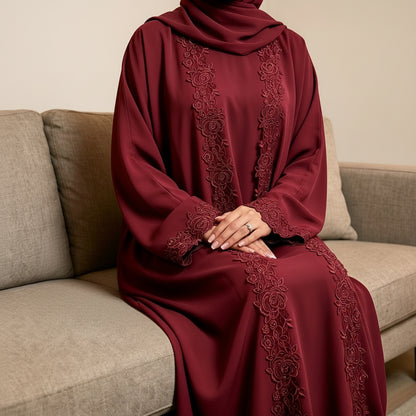 3 Pieces Set Lace Open Abaya Dress - With Inner Sleeveless Abaya Dress And A Matching Hijab - #261191