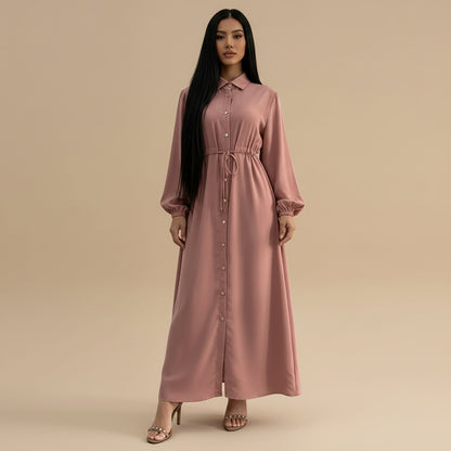 Muslim Women Button Up Abaya Dress With Stand Collar #266289