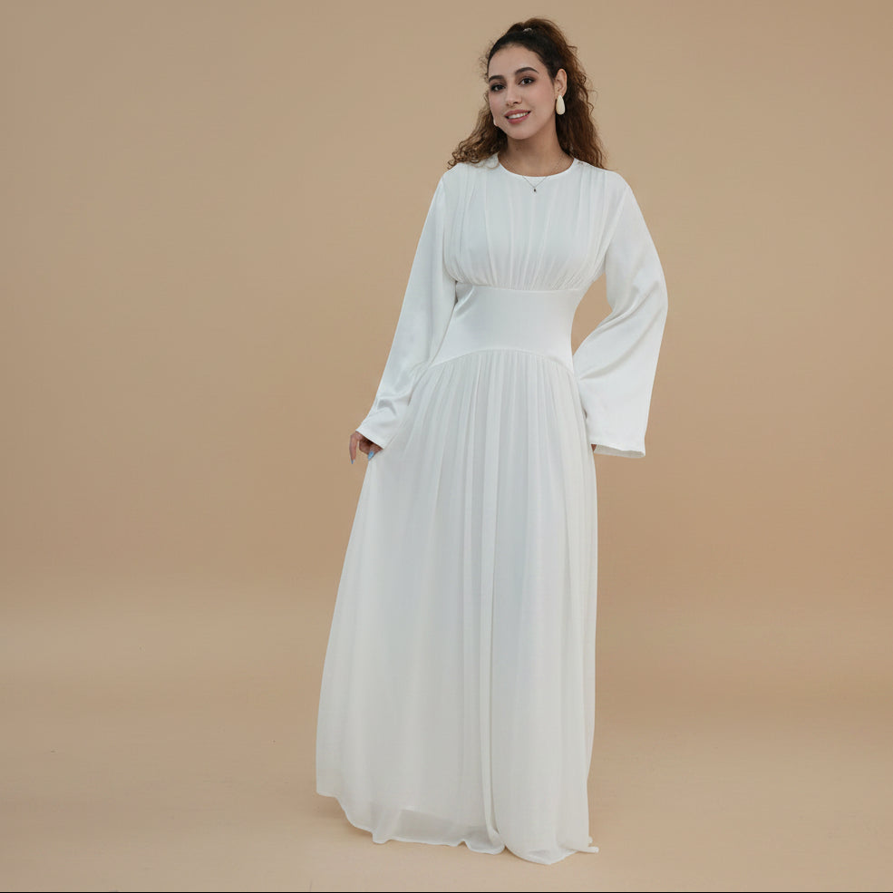 Muslim Women Double-layer Chiffon Waist Abaya Dress #261330