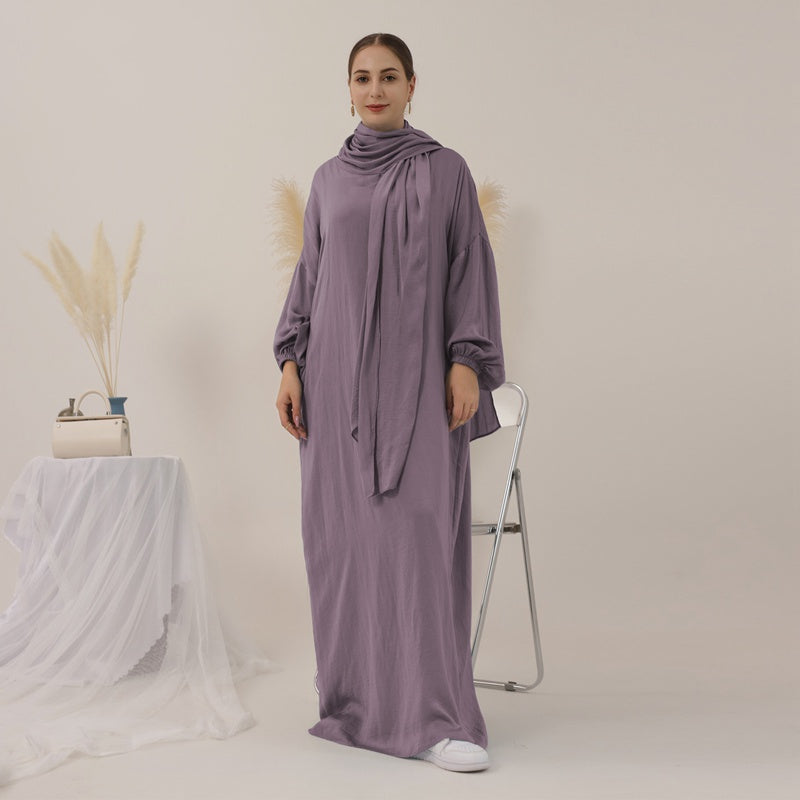 فستان عباية سادة مع وشاح حجاب، قطعة واحدة، متوفر بـ 13 لونًا
