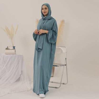 فستان عباية سادة مع وشاح حجاب، قطعة واحدة، متوفر بـ 13 لونًا
