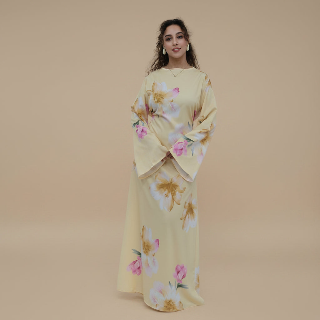 Muslim Women Printed Wrinkle Abaya Dress With Inner Belt #261358