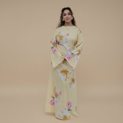 Muslim Women Printed Wrinkle Abaya Dress With Inner Belt #261358