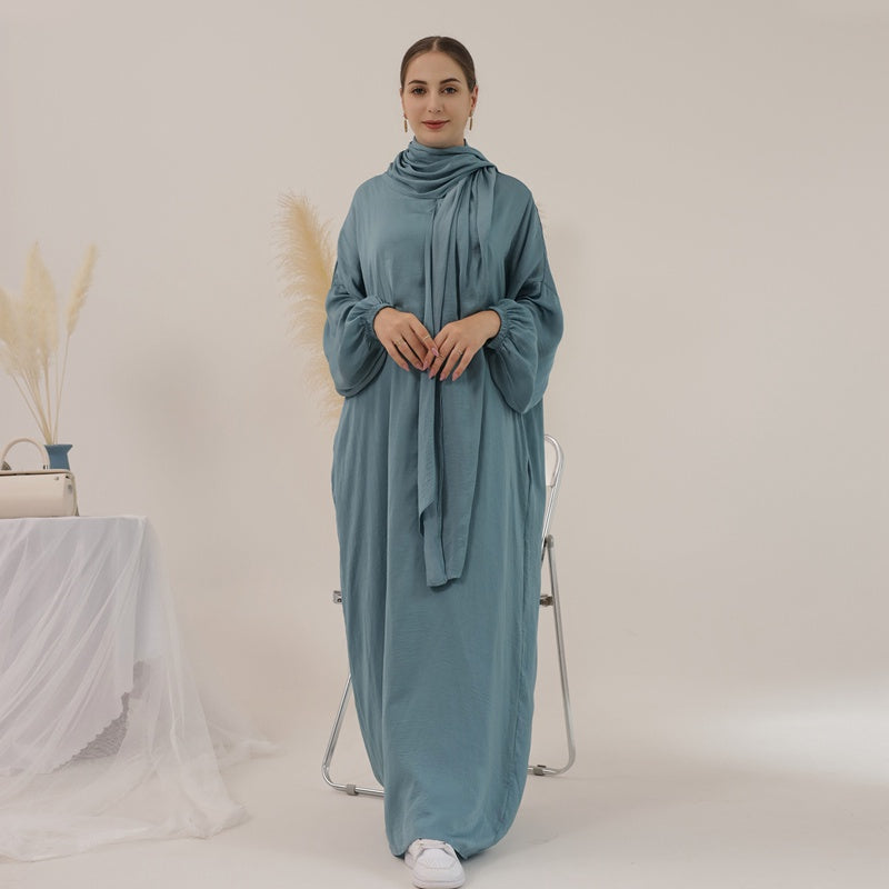 فستان عباية سادة مع وشاح حجاب، قطعة واحدة، متوفر بـ 13 لونًا