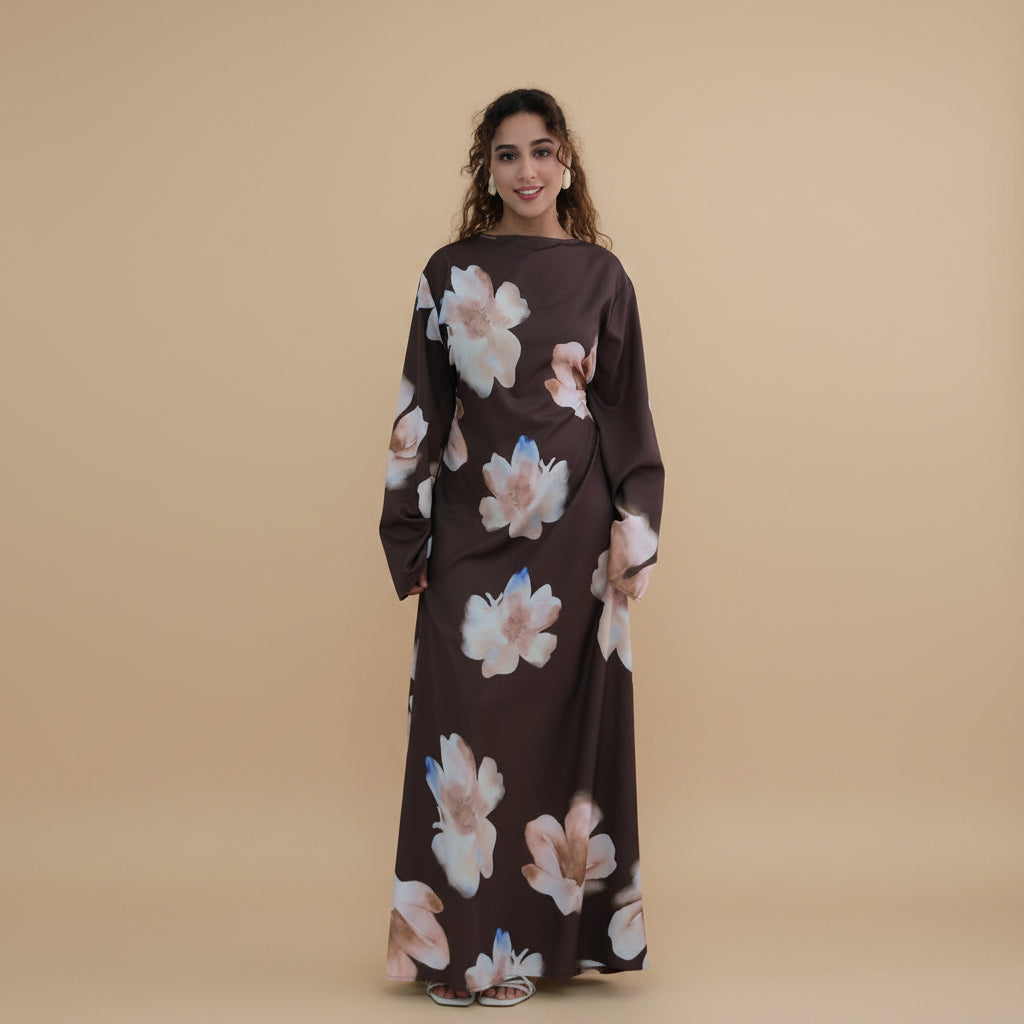 Muslim Women Printed Wrinkle Abaya Dress With Inner Belt #261358