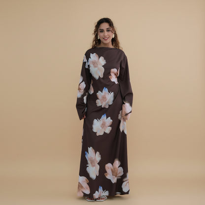 Muslim Women Printed Wrinkle Abaya Dress With Inner Belt #261358
