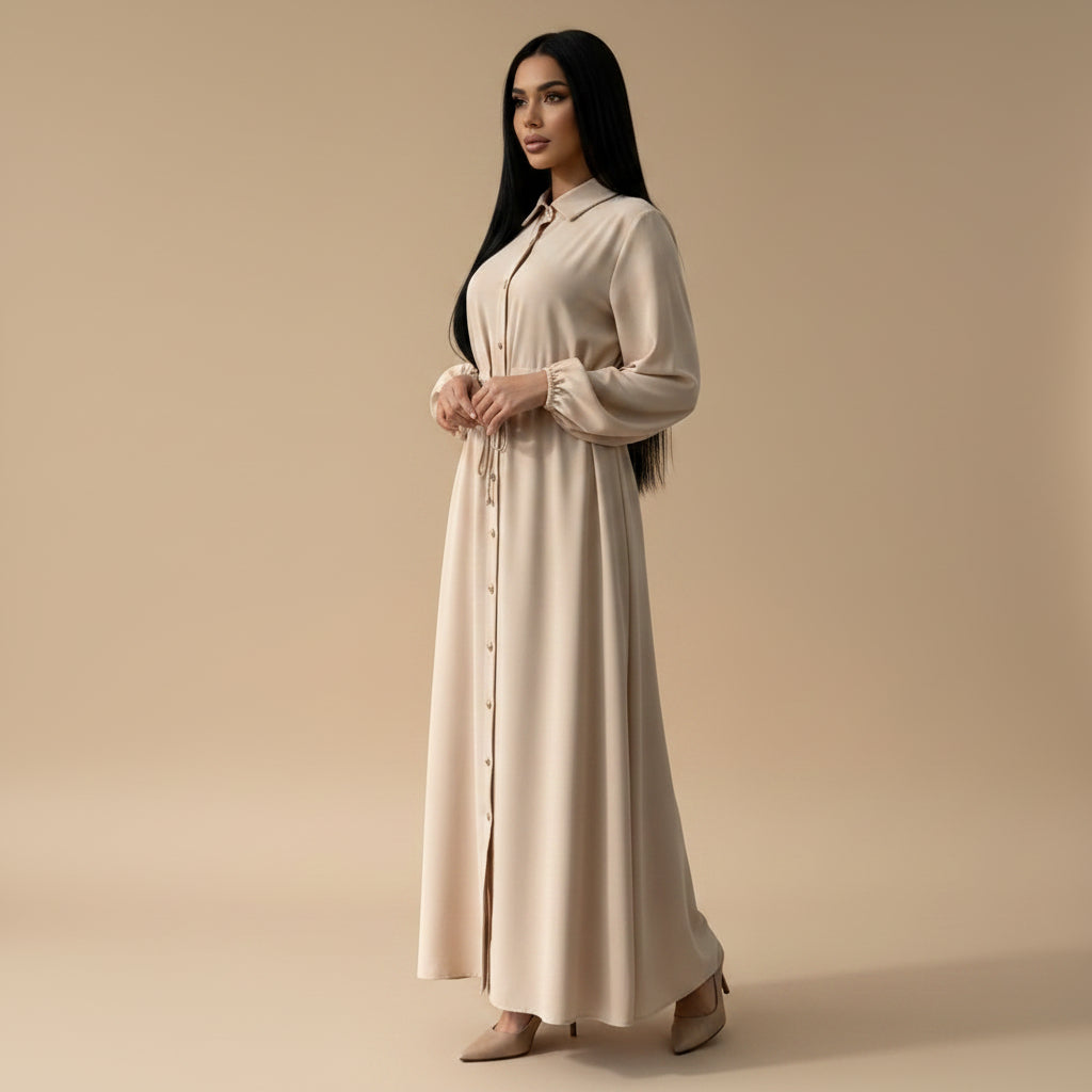 Muslim Women Button Up Abaya Dress With Stand Collar #266289