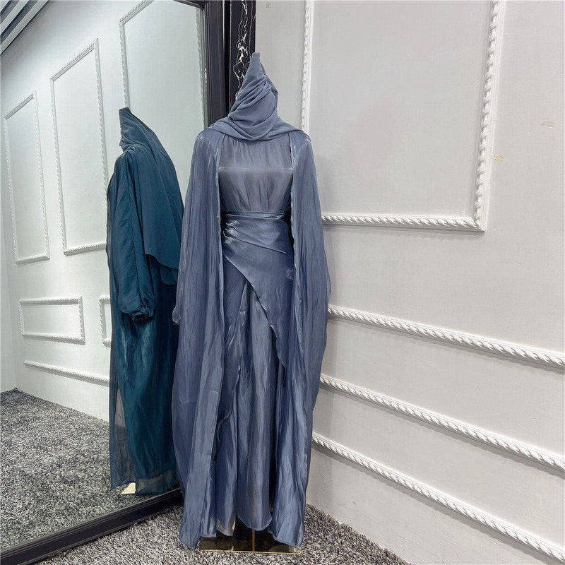 XL Dark Gray 3 Pieces Set Muslim Women Abaya Dress Solid Color