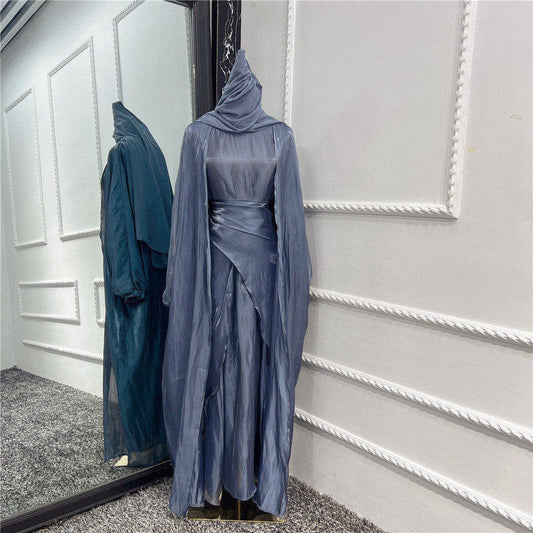 XL Dark Gray 3 Pieces Set Muslim Women Abaya Dress Solid Color