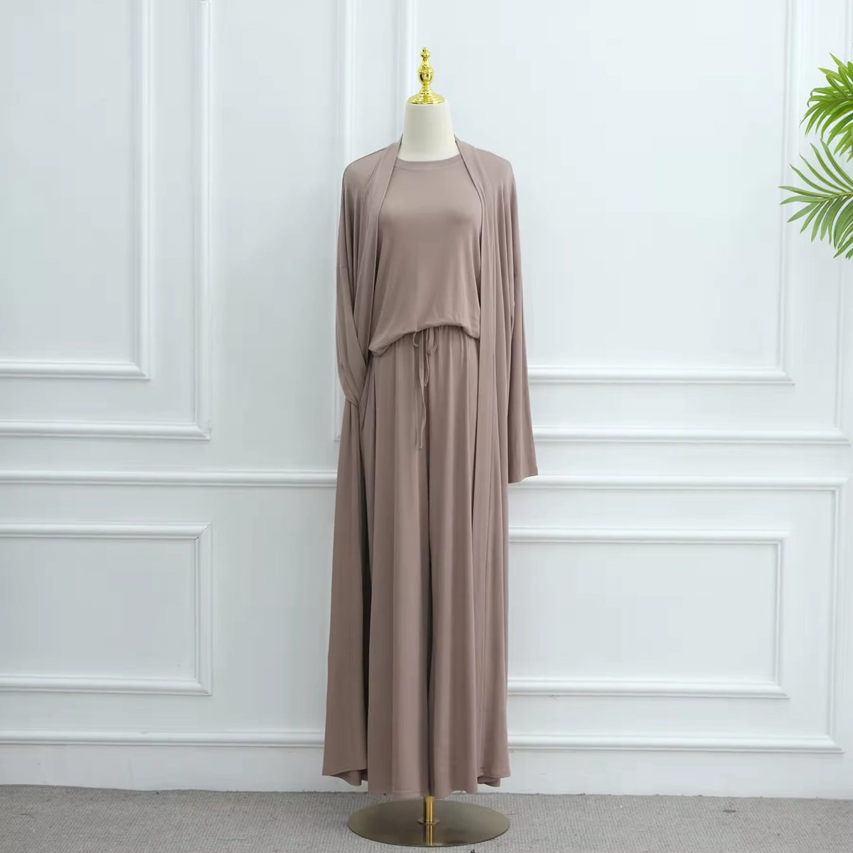 طقم ملابس نسائية مسلمة مكون من 3 قطع، بلوزة وبنطال من قماش المودال مع عباية مفتوحة #251076