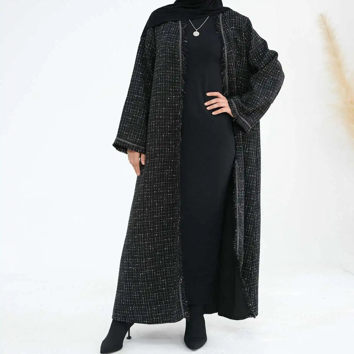 Winter Fall Thick Tassel Tweed Cardigan Open Abaya Coat