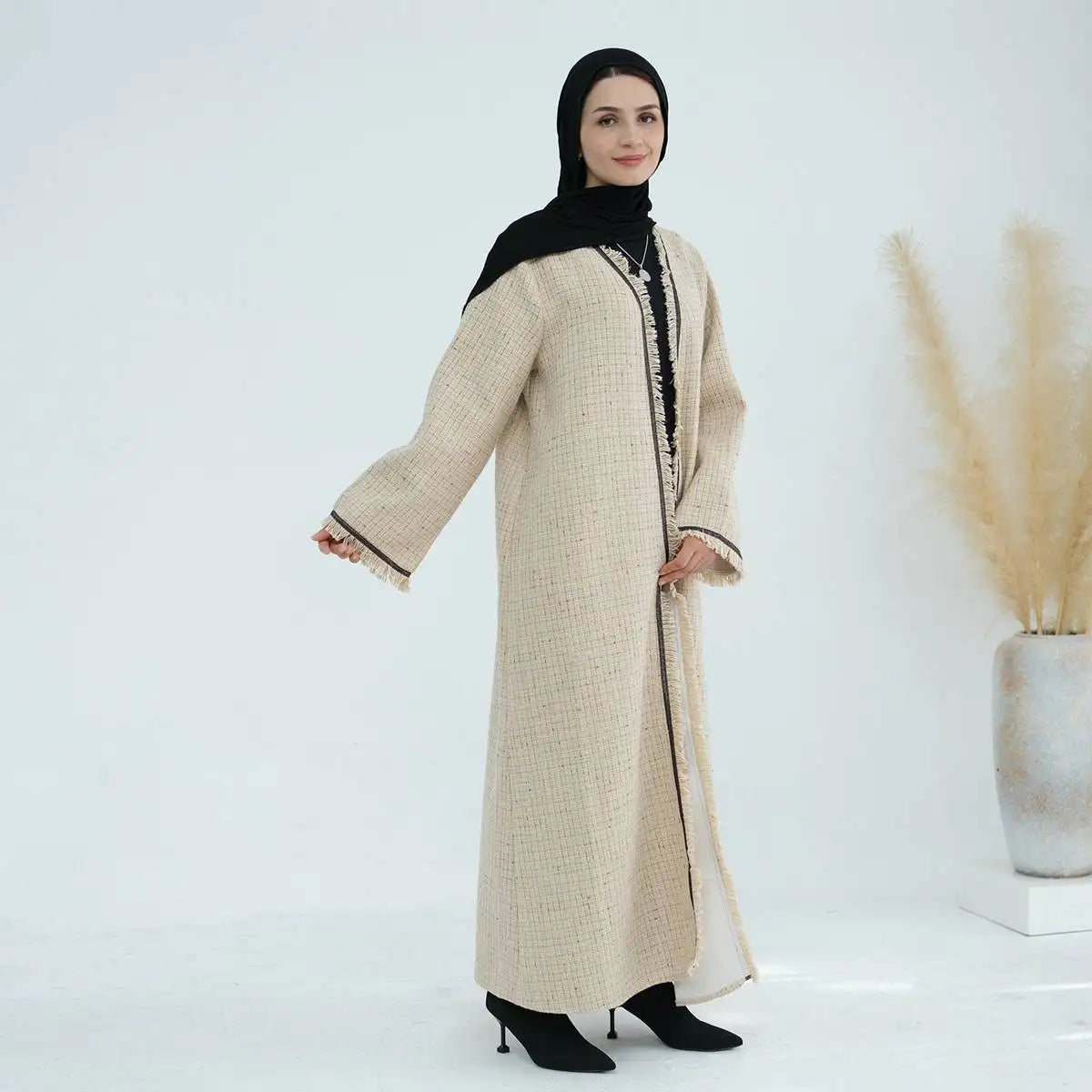 Winter Fall Thick Tassel Tweed Cardigan Open Abaya Coat