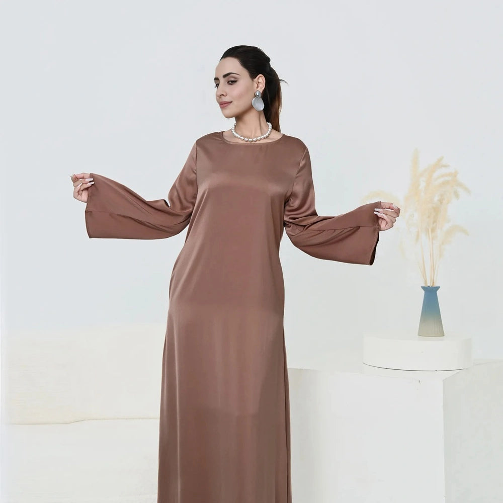 Muslim Women Solid Color Satin Abaya Robe Dress With Pocket And Belt