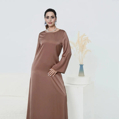 Muslim Women Solid Color Satin Abaya Robe Dress With Pocket And Belt