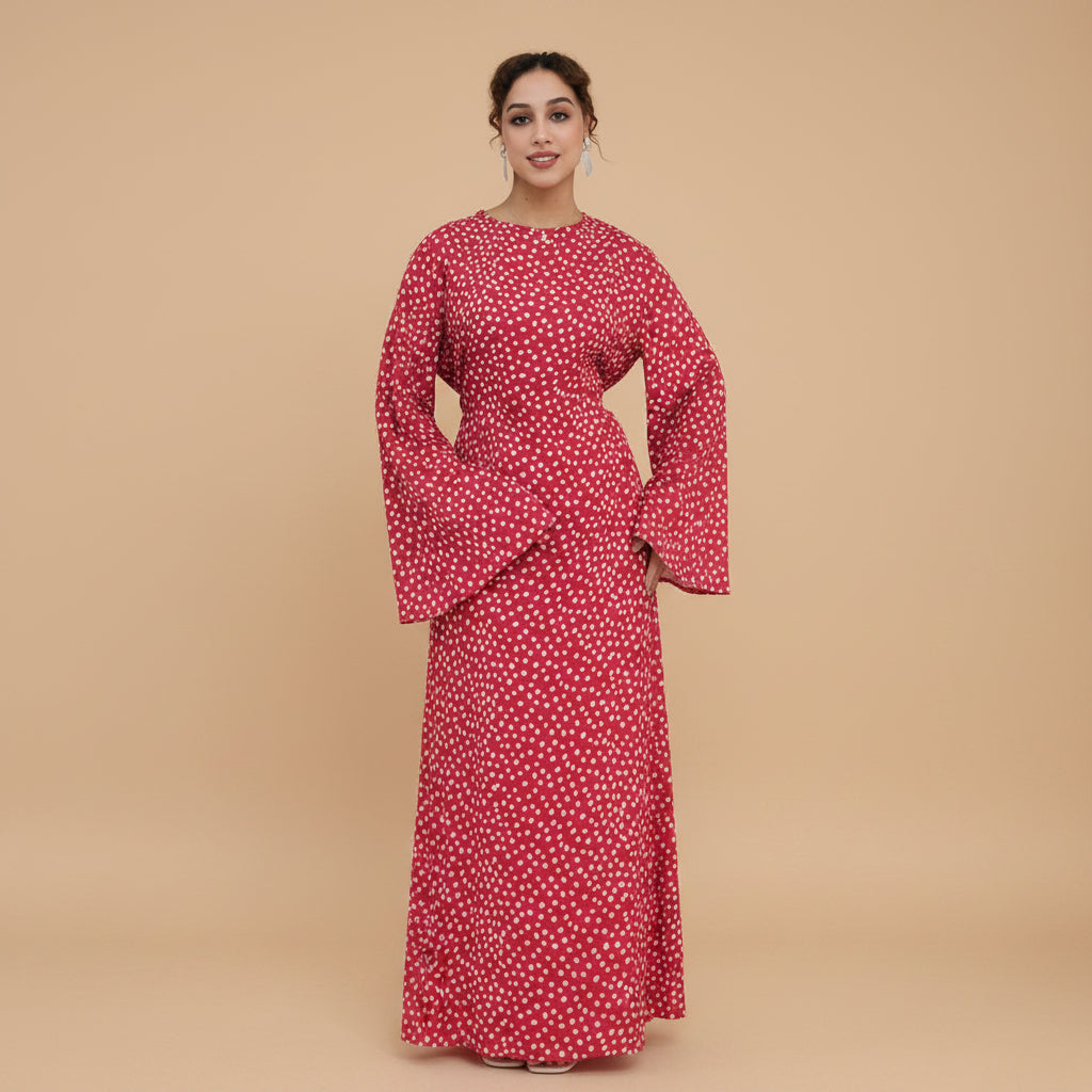 Muslim Women Polka Dot Printed Abaya Dress With Inner Belt #261308