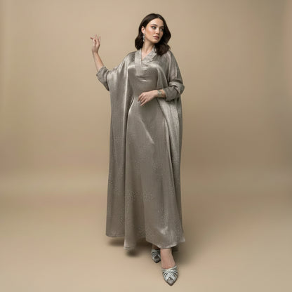 Muslim Women Hotfix Rhinestones Satin Farasha Batwing Sleeve Abaya Dress #26180