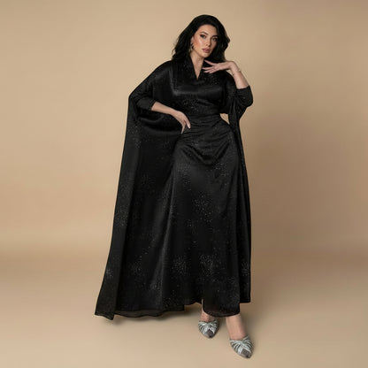 Muslim Women Hotfix Rhinestones Satin Farasha Batwing Sleeve Abaya Dress #26180