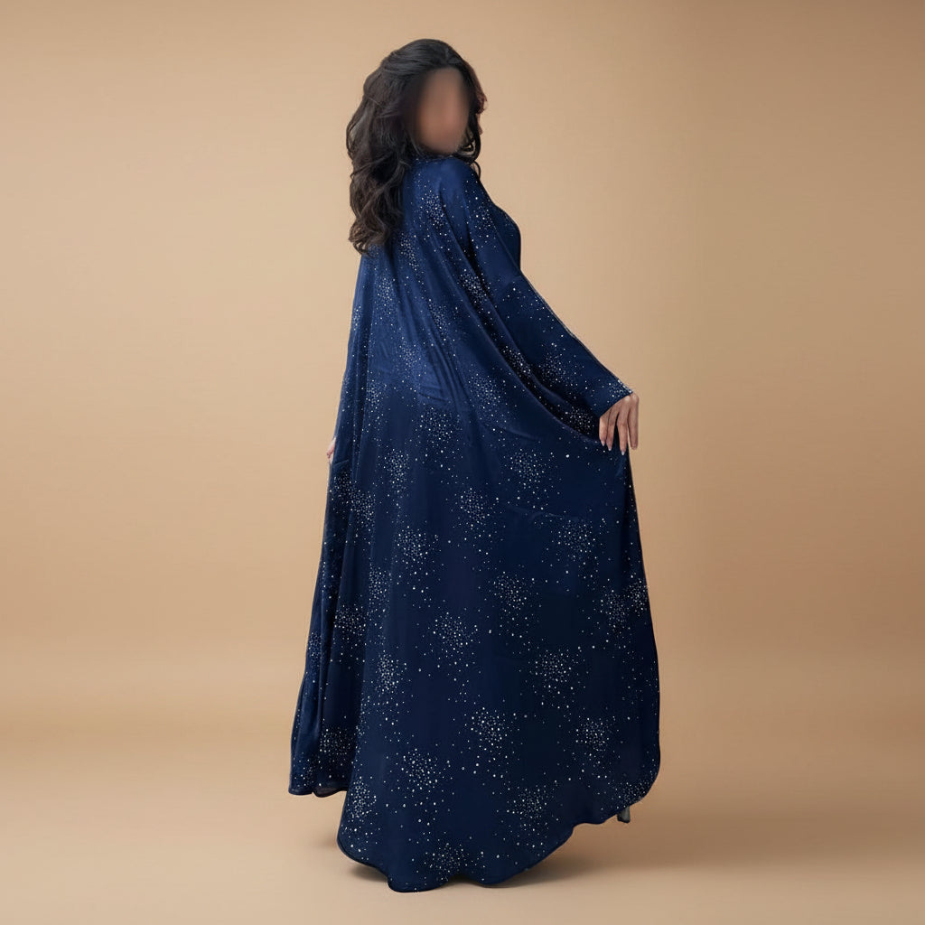 Muslim Women Hotfix Rhinestones Satin Farasha Batwing Sleeve Abaya Dress #26180