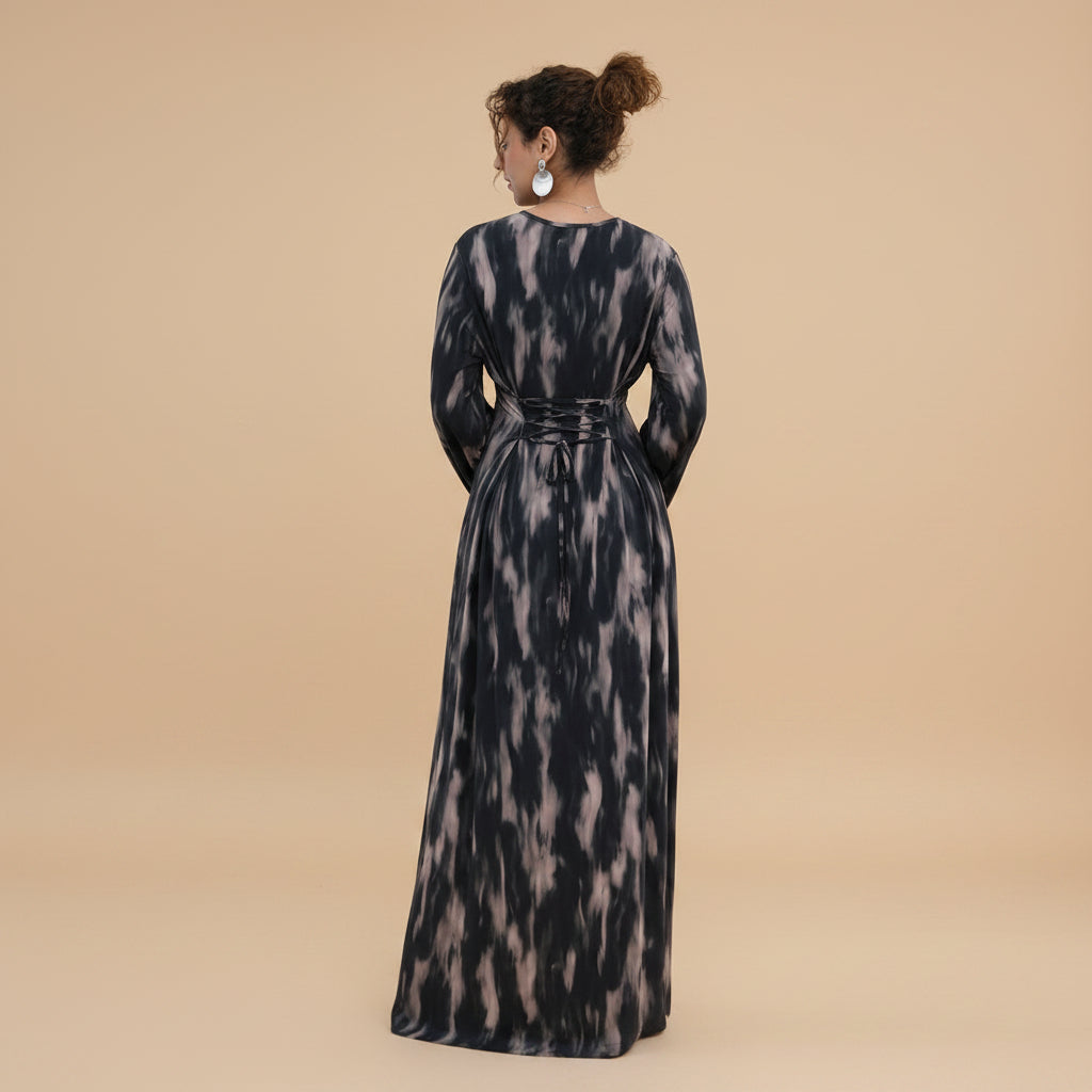 Printed Modal Abaya Dress For Women - Taro/Black/Purple/Dusty Blue/Argyle Pattern - #261288