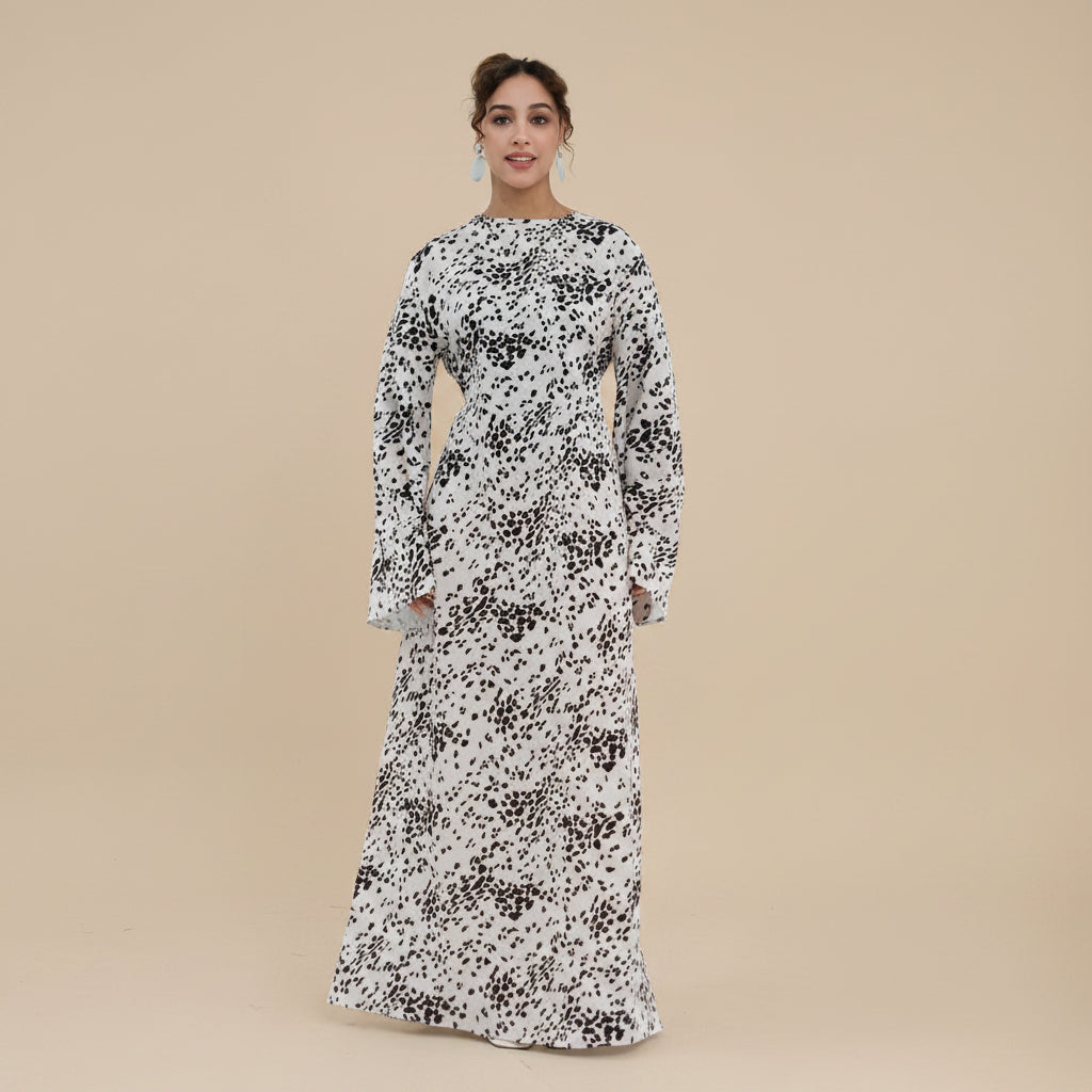 Muslim Women Polka Dot Printed Abaya Dress With Inner Belt #261308