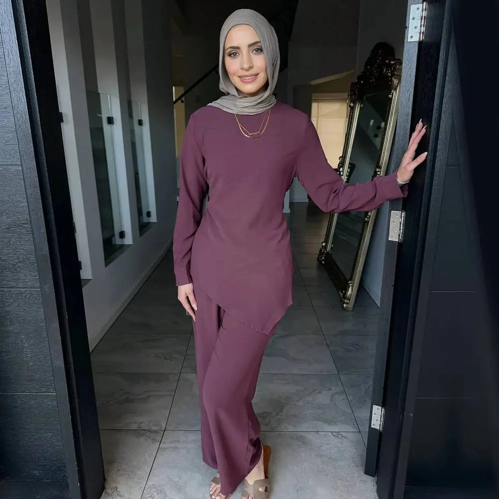 Muslim Women Daily Wear 2 Pieces Set Nida Tops And Pants Suit #251089
