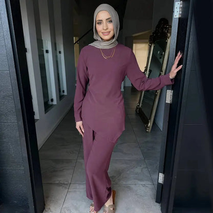 Muslim Women Daily Wear 2 Pieces Set Nida Tops And Pants Suit #251089