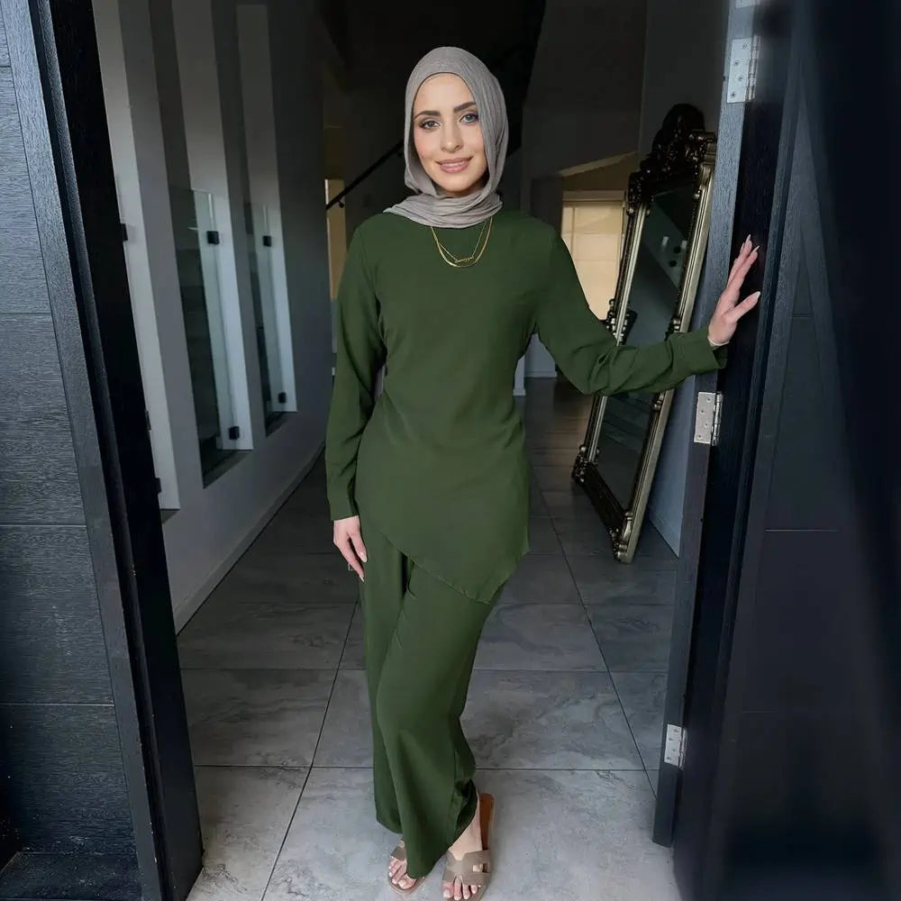 Muslim Women Daily Wear 2 Pieces Set Nida Tops And Pants Suit #251089