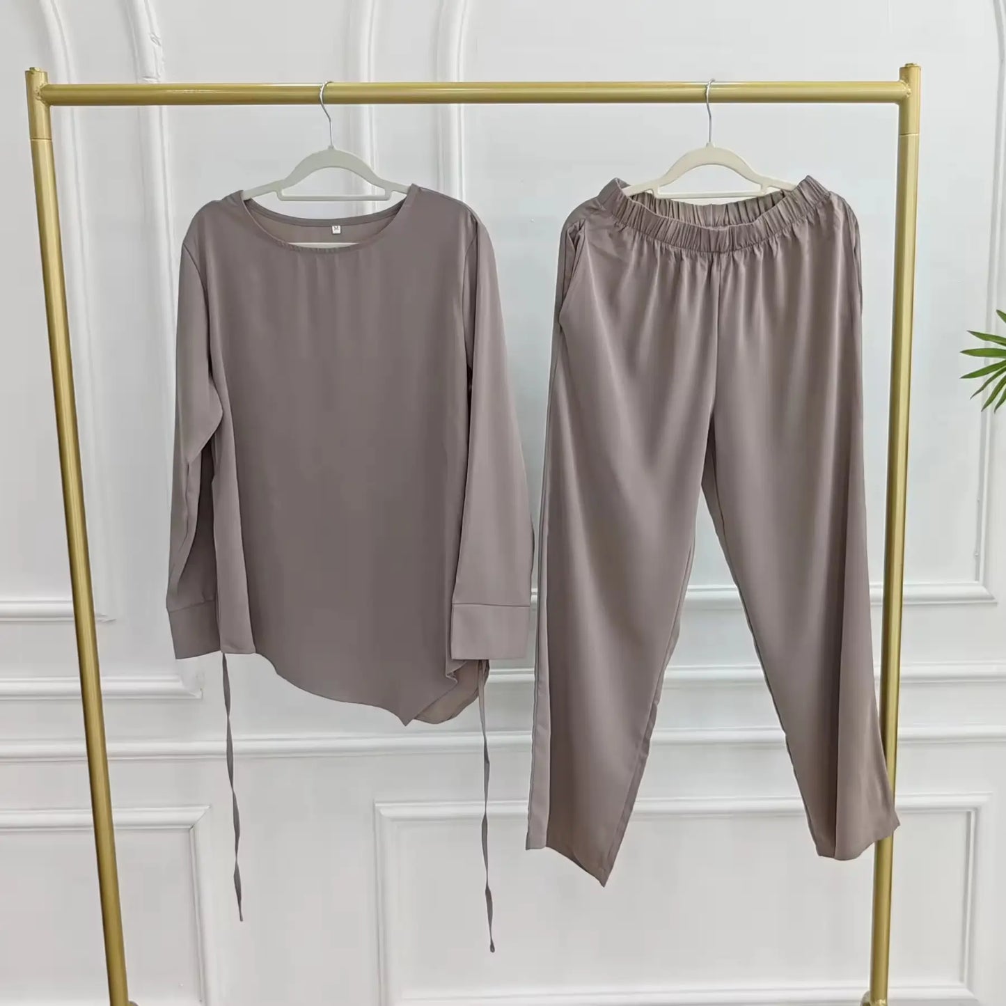 Muslim Women Daily Wear 2 Pieces Set Nida Tops And Pants Suit #251089