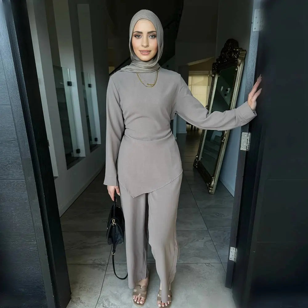 Muslim Women Daily Wear 2 Pieces Set Nida Tops And Pants Suit #251089