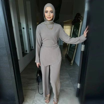 Muslim Women Daily Wear 2 Pieces Set Nida Tops And Pants Suit #251089