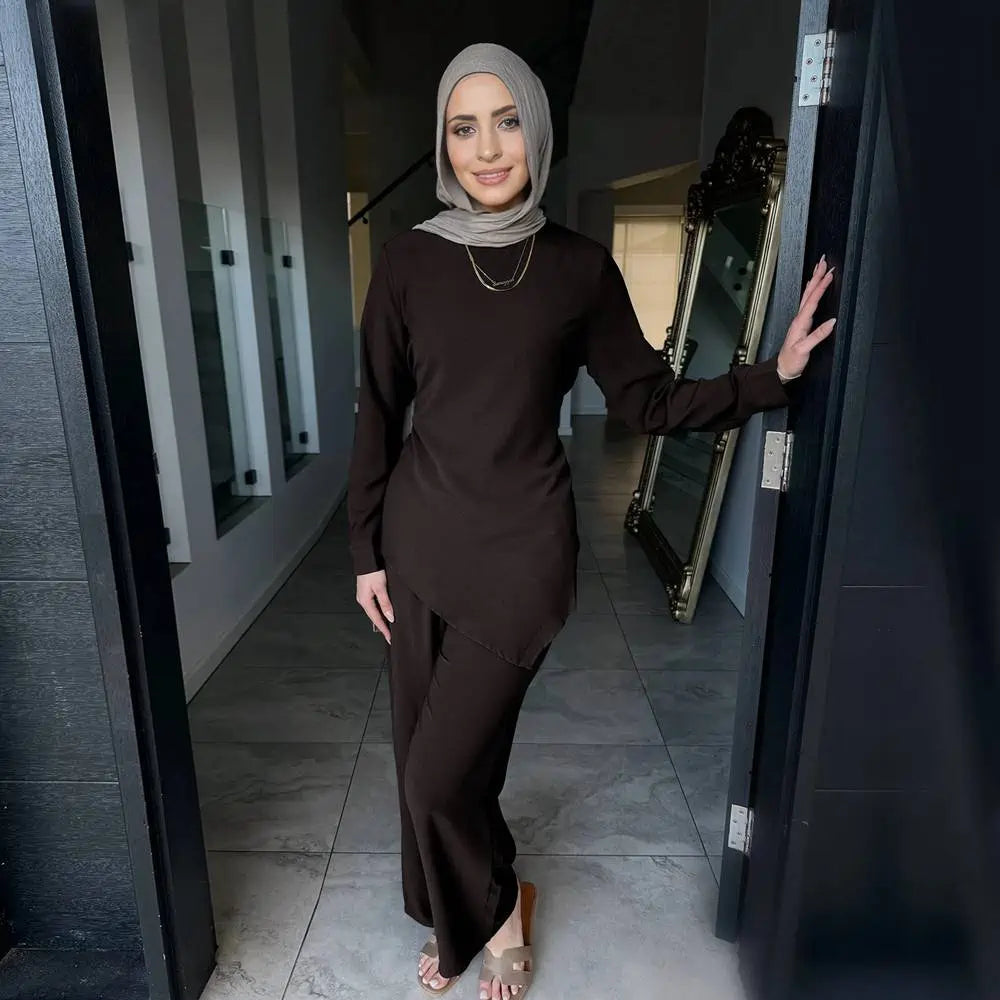Muslim Women Daily Wear 2 Pieces Set Nida Tops And Pants Suit #251089