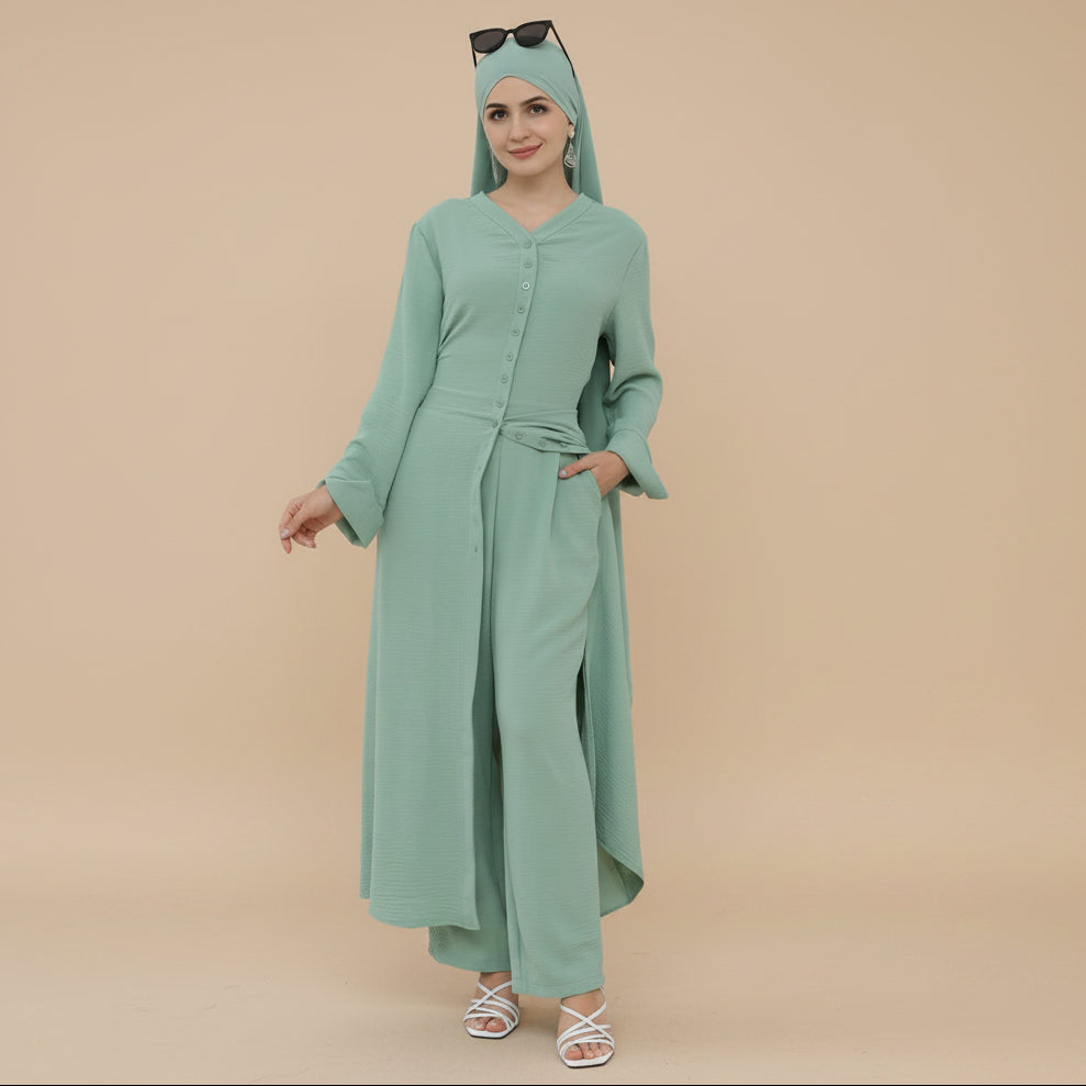 طقم عباية يومي بقطعتين بتصميم متجعد (بلوزة وبنطال) #25945
