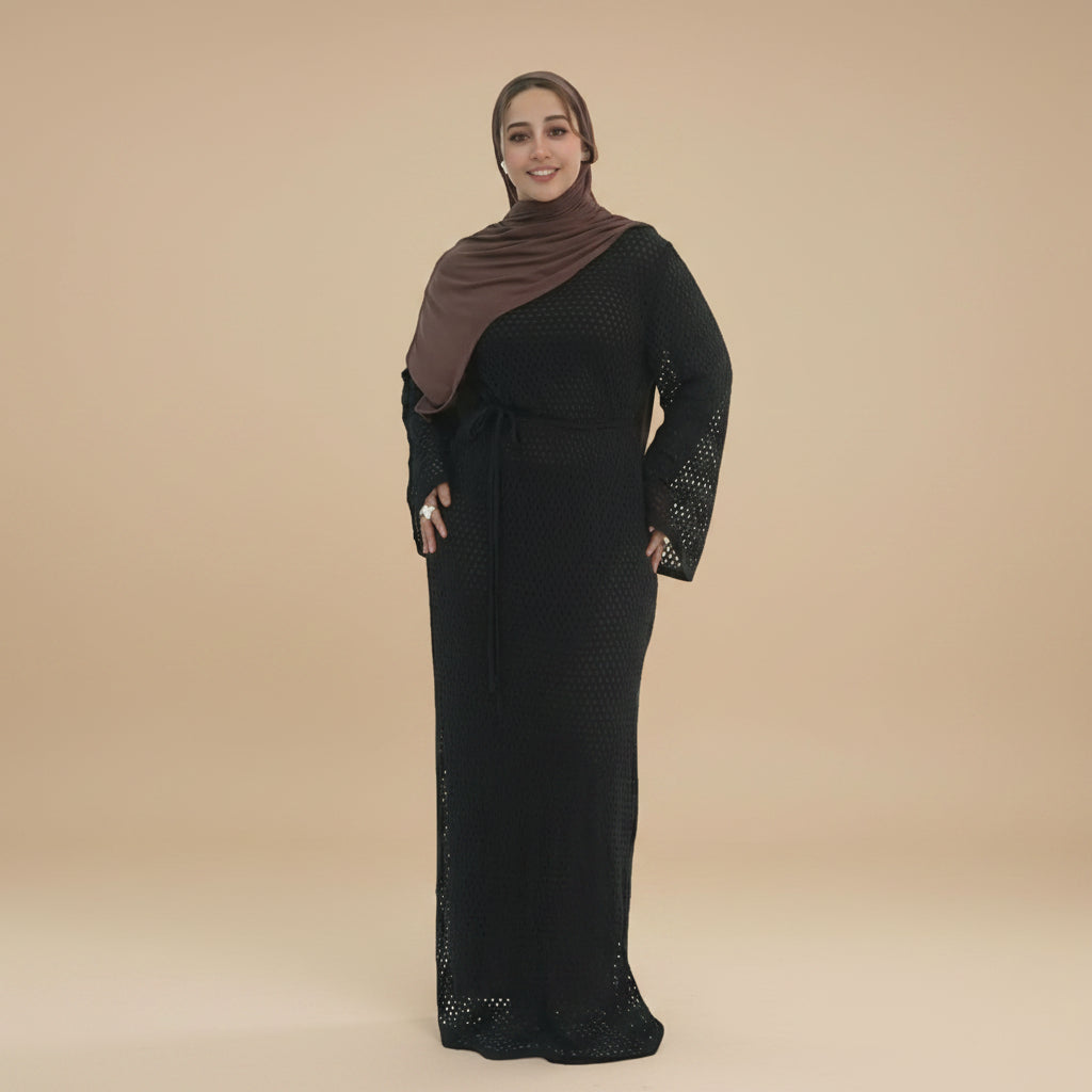 طقم من قطعتين للنساء المسلمات، فستان عباية مجوف مع فستان عباية داخلي #261081