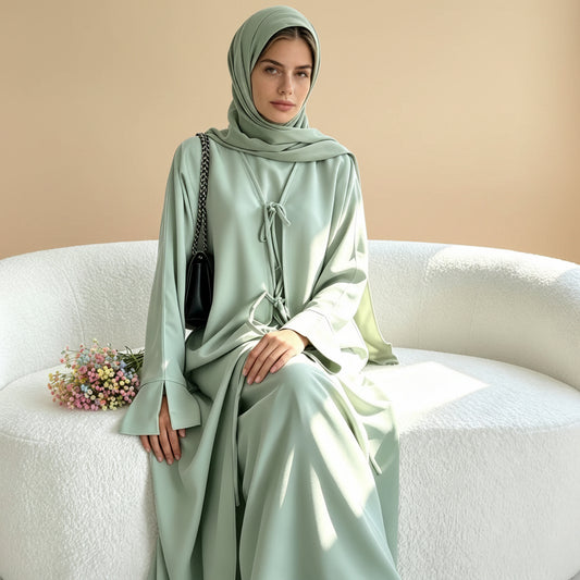 3 Pieces Set Nida Open Abaya Dress With Inner Sleeveless Dress And Matching Hijab #261201